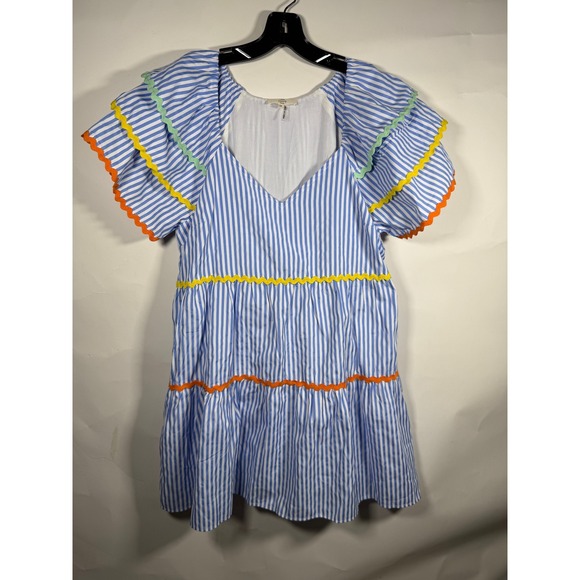 entro Dresses & Skirts - Entro Blue White Stripe Ric Rac Trim Tiered Flutter Sleeve Mini Dress Medium